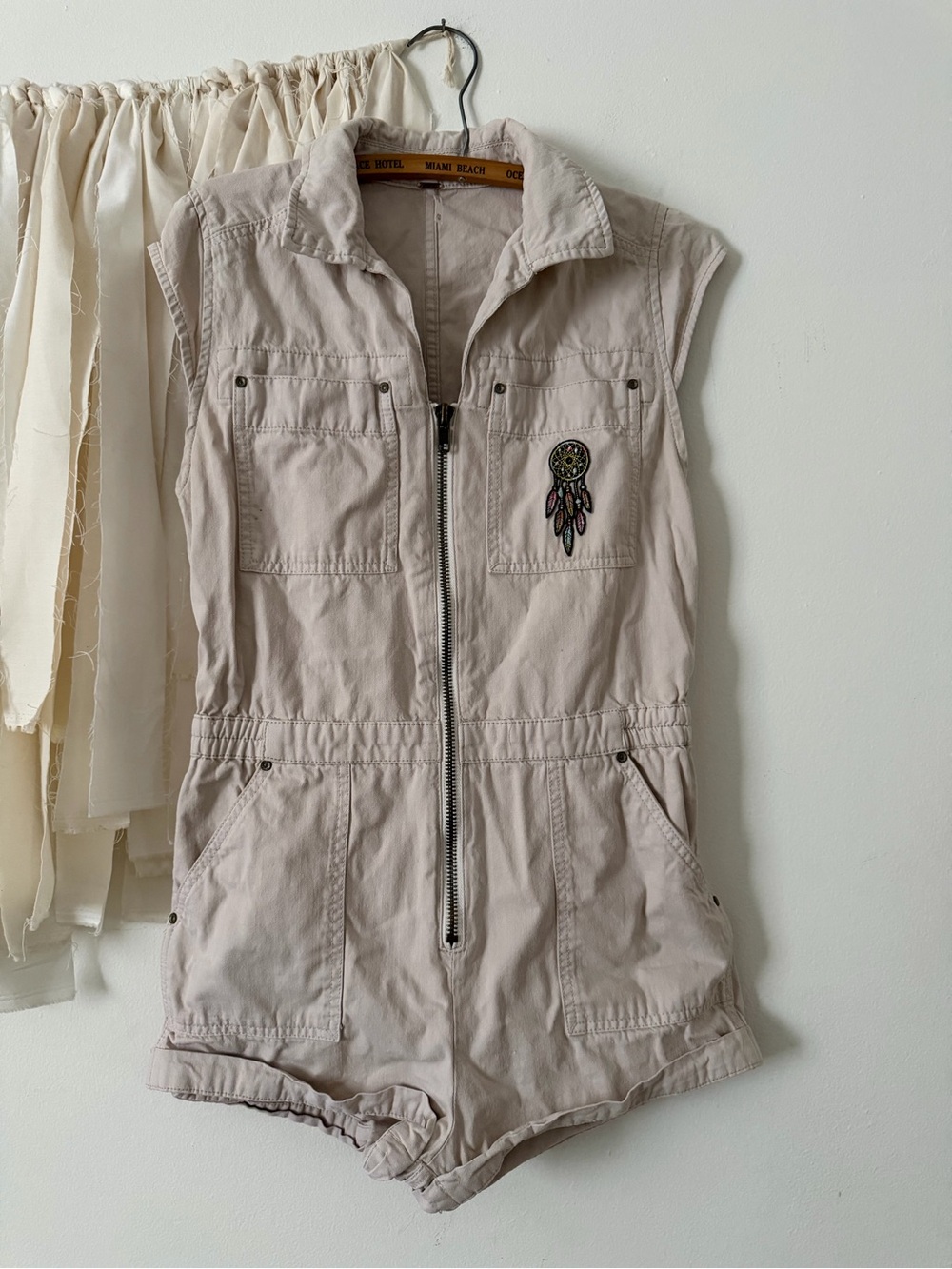 Free People Sleeveless Beige Utility Romper Jacket with Dreamcatcher Embroidery